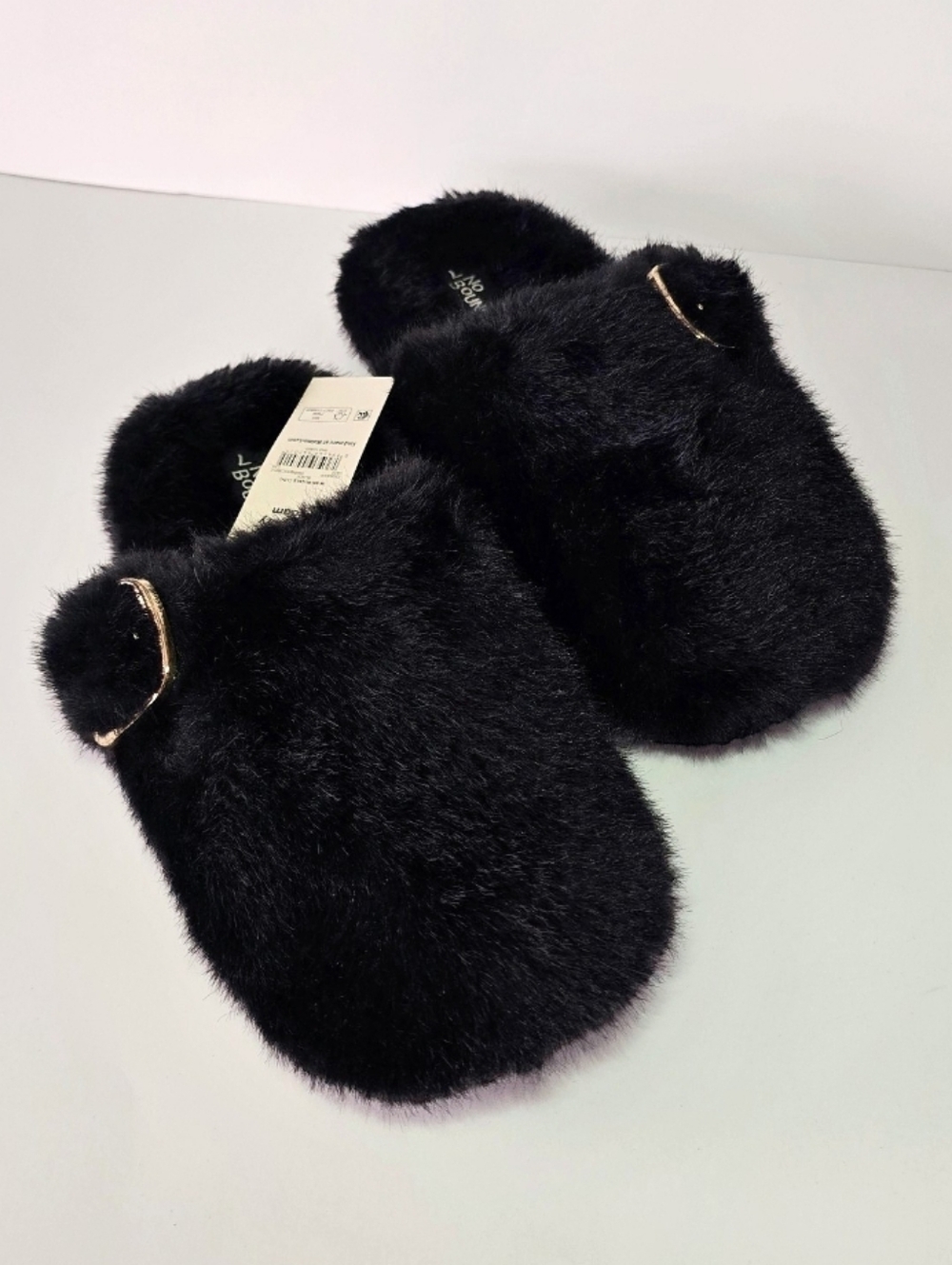 Black Faux Fur Slip-On Slippers with Gold Buckle, Size 7, Soft, Cozy Slipppers
